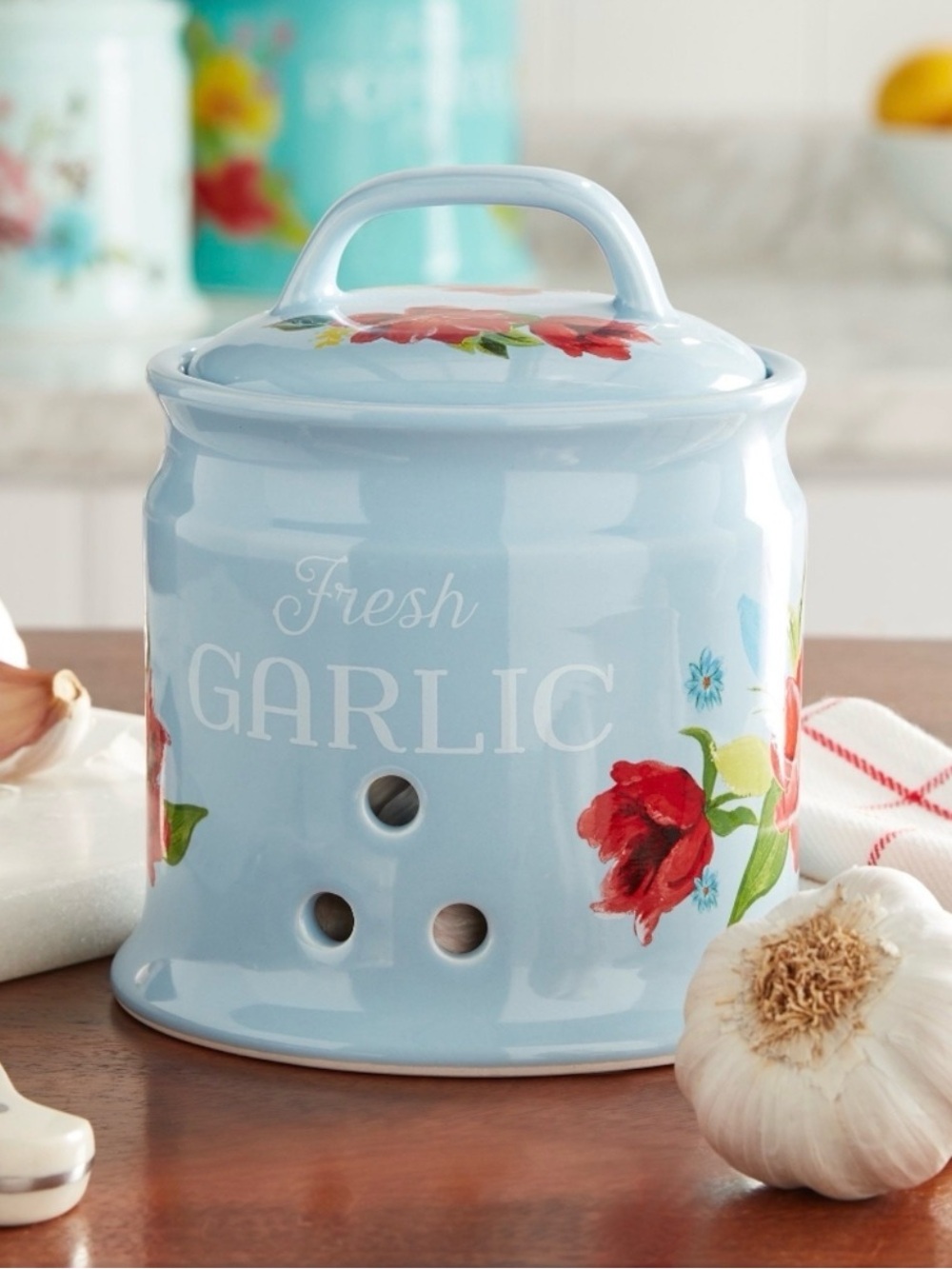 The Pioneer Woman Fresh Garlic Ceramic Keeper Storage Jar Spring Bouquet